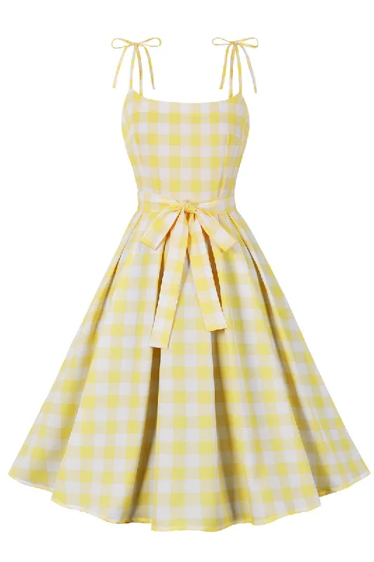 Referral Discount classic fit-and-flare dressYellow Plaid Swing Dress with Sash