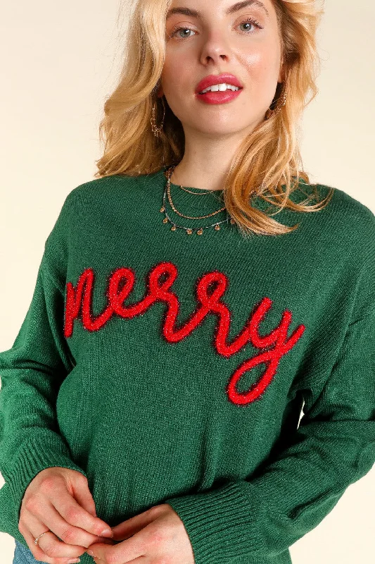 casual sports coatGreen Pop Up Letter "Merry" Sweater