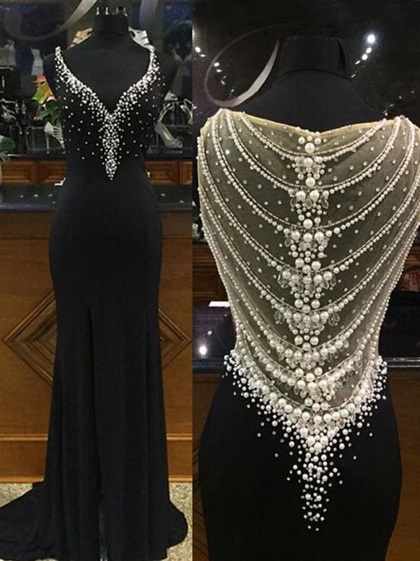 Today Only Black Prom Dress Sheath/Column Beading Short Train Sexy Prom Dress/Evening Dress JKL156