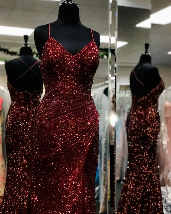 modern dressMermaid Burgundy Sequins Prom Dress,Classic Burgundy Formal Gown Y1545