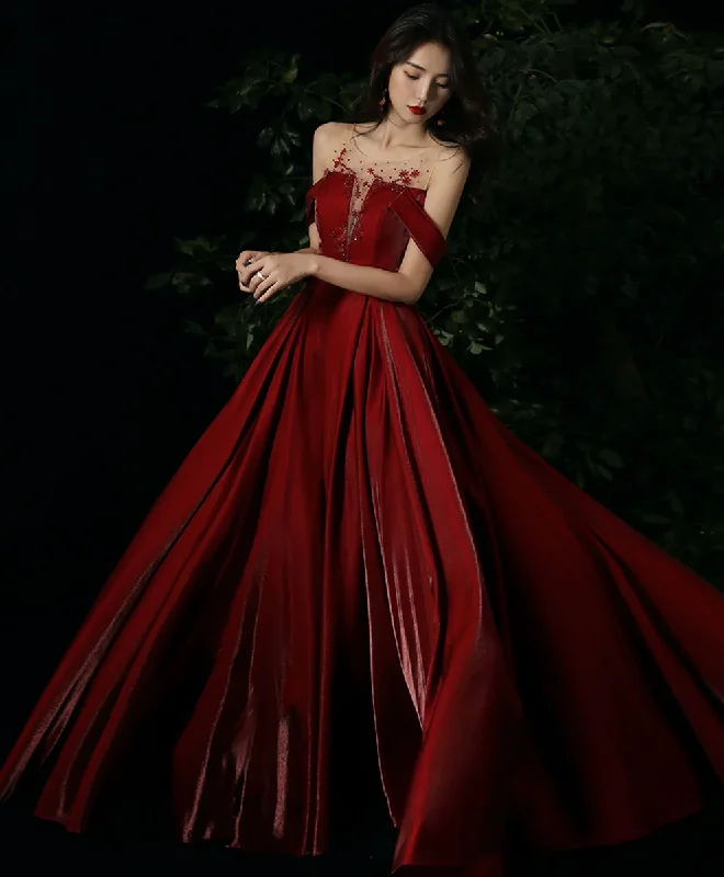 Special Savings party-ready dressBurgundy Round Neck Beading Long Prom Dress, Burgundy Formal Graduation Dress Y1404