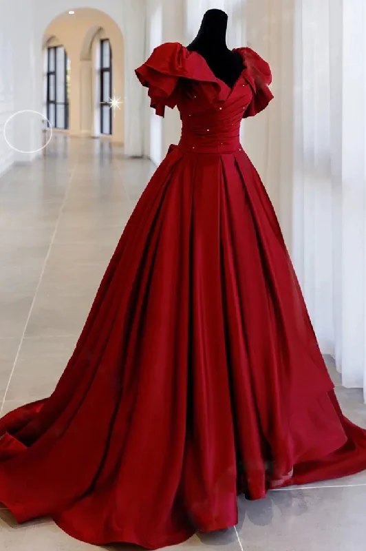 Now or Never Burgundy Off Shoulder Satin Long Prom Evening Dress GJS677