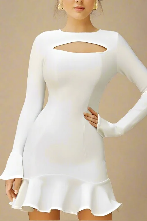 Price Cut printed dressMary Long Sleeve Bodycon Mini Dress - Pearl White