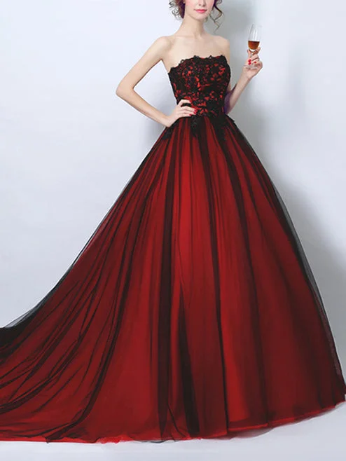 YEAR-End Clearance Black Prom Dress Ball Gown Appliques Sweep/Brush Train Sexy Burgundy Prom Dress/Evening Dress JKL266