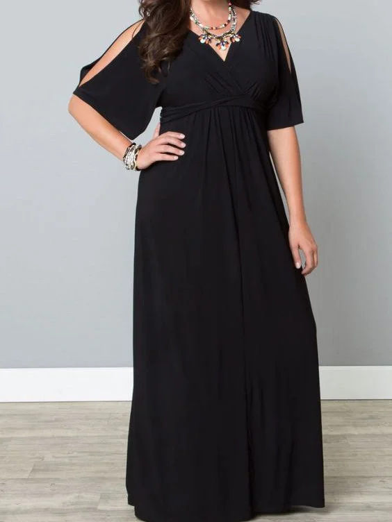 Super Deal Chic Plus Size Prom Dresses Black Half Sleeve Chiffon Long Prom Dress JKP023