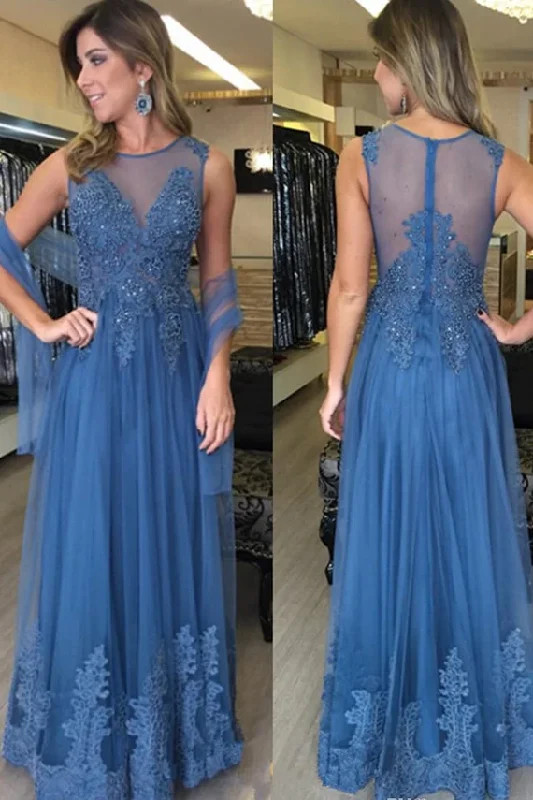 Epic Deals Blue Sleeveless A-line Long Tulle Prom Dress Lace Appliques Women Evening Dress GJS618