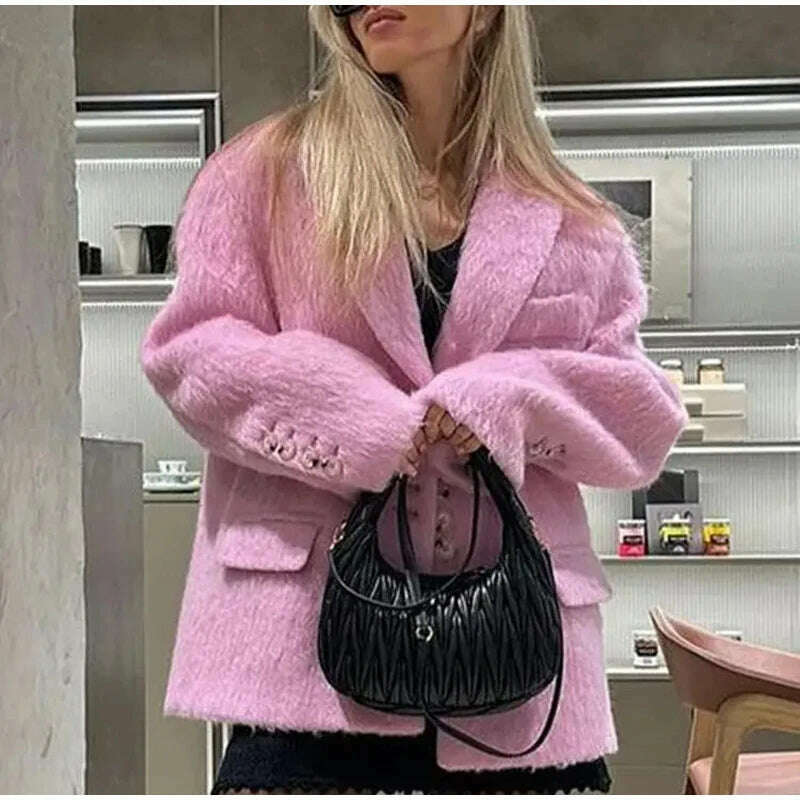 Stock Clearance high-fashion coatElegant Woolen Coat Women Pink Turndown Collar Long Sleeve Single Breasted Loose Coats Female 2023 Fashion Winter Lady Overcoat