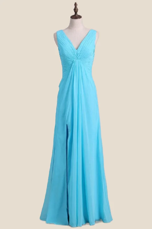New Deals long-sleeve floral dressV Neck Blue Chiffon A-line Long Bridesmaid Dress