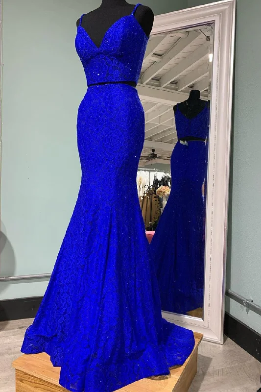 The Best Prices summer dressElegant Two Piece Mermaid Royal Blue Long Prom Dress Y1191