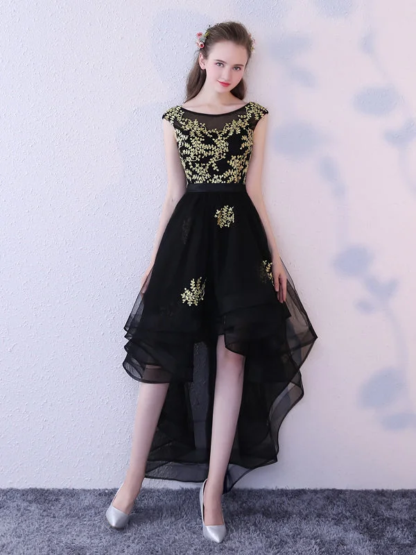 Overstock Homecoming Dress Black Tulle Gold Appliques Short Prom Dress Party Dress JK242