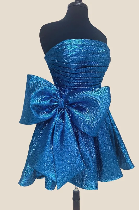 Fantastic Offers ashionable dressStrapless Blue Ruched Short Dress with Bow