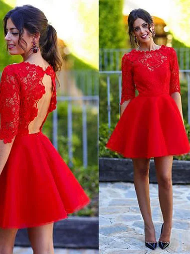 Don't Wait Red Homecoming Dress Scoop A-line Lace Sexy Short Prom Dress Party Dress JK477