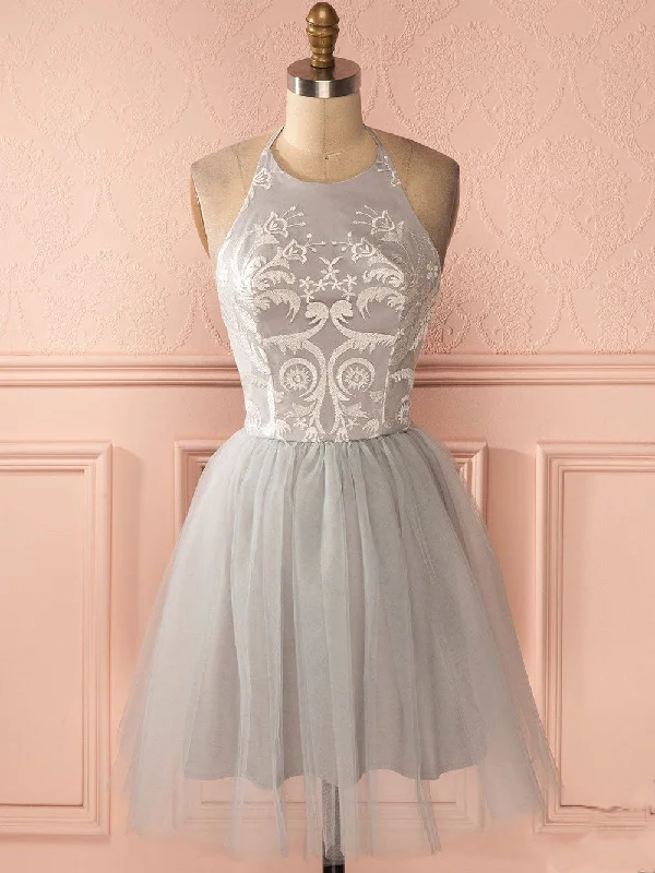 Overstock Homecoming Dress Halter Backless Silver Lace Short Prom Dress Party Dress JK183