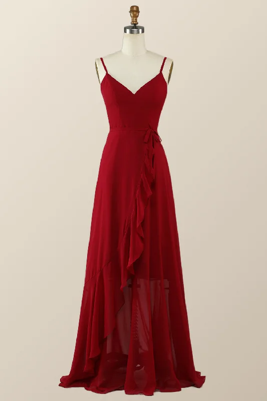 Get It Before It’s Gone ruffle dressStraps Wine Red Chiffon Ruffle A-line Long Bridesmaid Dress