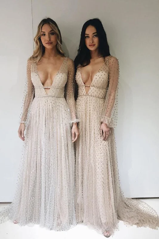 Mega Sale Plunging Neck Beaded Prom Dress with Sheer Long Sleeves JKG023