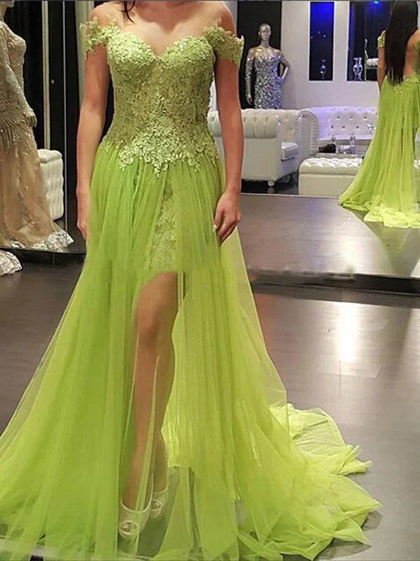 Deal Zone mint prom dresses Sheath Column Off-the-shoulder Asymmetrical Tulle Prom Dress Evening Dress MK250