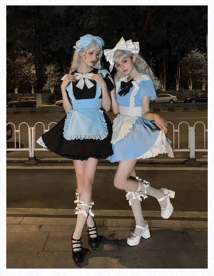 Midnight Madness satin dressWith PUJI~KissKiss~Maid Lolita OP Dress Pleated Lace Multicolor Dress