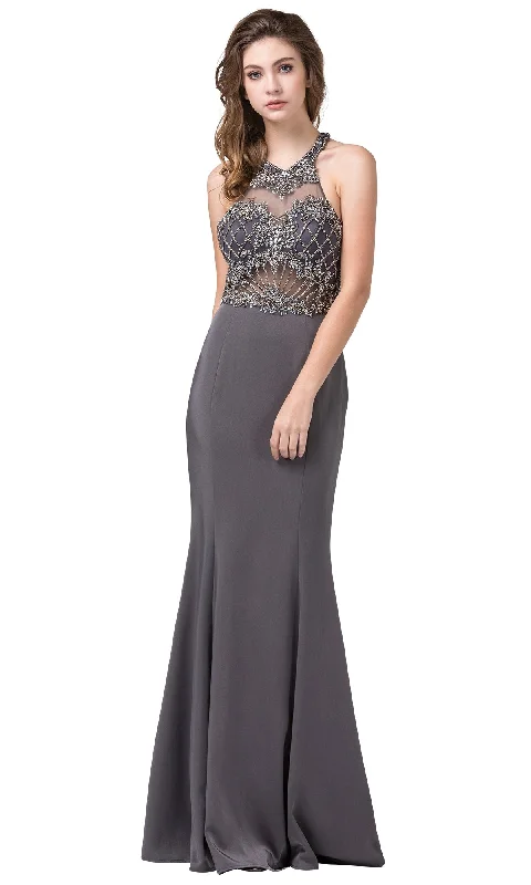 casual summer dressDark Silver Formal Dress with Beaded Sheer Bodice