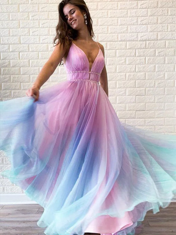 Anniversary Sale A Line Spagheeti Straps Gradient Chiffon Long Prom Dresses Floor Length Prom/Evening Dress YST2903