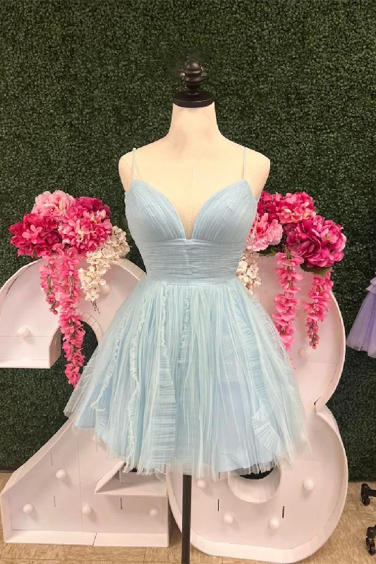 Huge Discounts pleated dressLight Blue Straps A-line Short Homecoming Dress