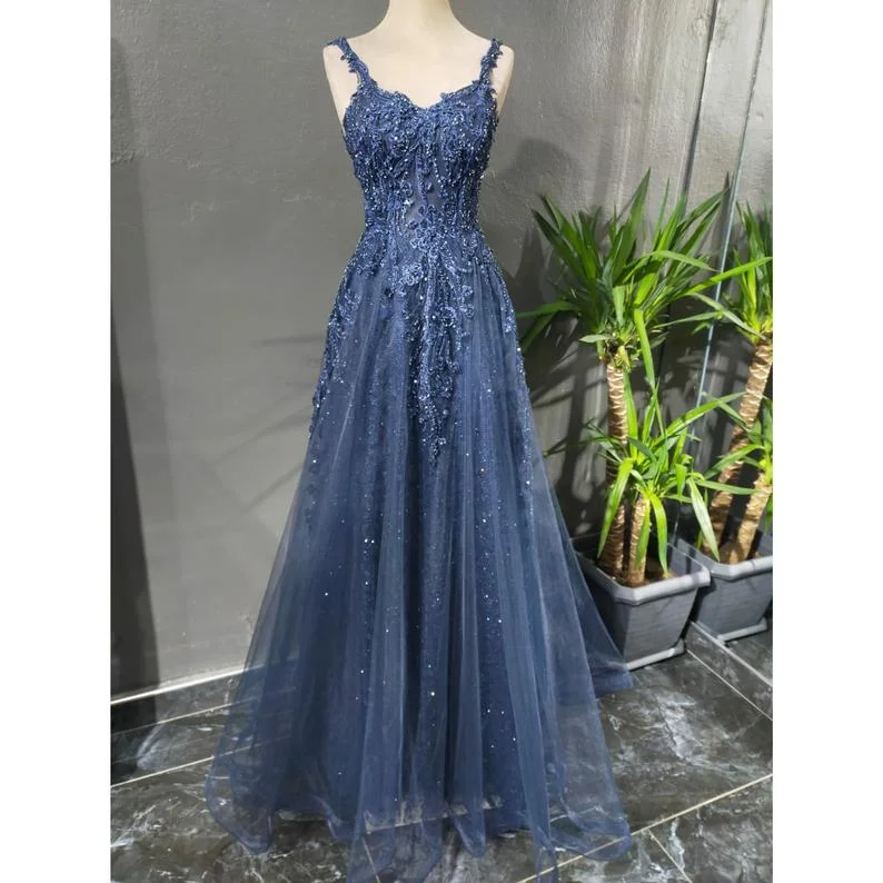 long-sleeve floral dressA-line Straps Lace Prom Dresses,Long Formal Graduation Dresses Y1502