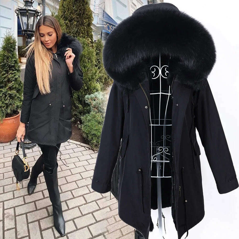 long-sleeve winter jacket2023 New Winter warm Coat Natural Real Fox fur Jacket Hooded Black Woman Parkas Mulher Parkas Women's Jacket