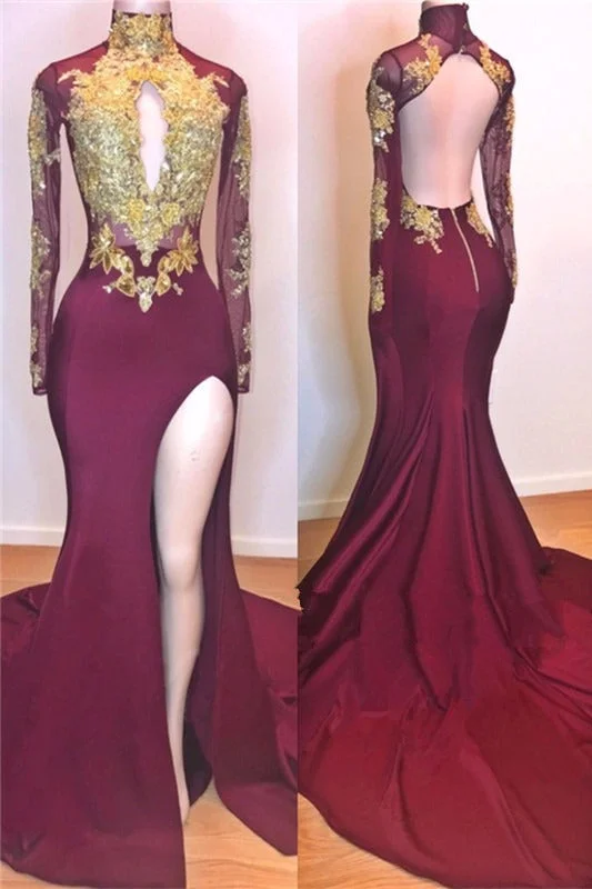 Bonus Savings Long Sleeves High Collar Mermaid Prom Dress Sequins Long Chiffon Burgundy Backless With Split