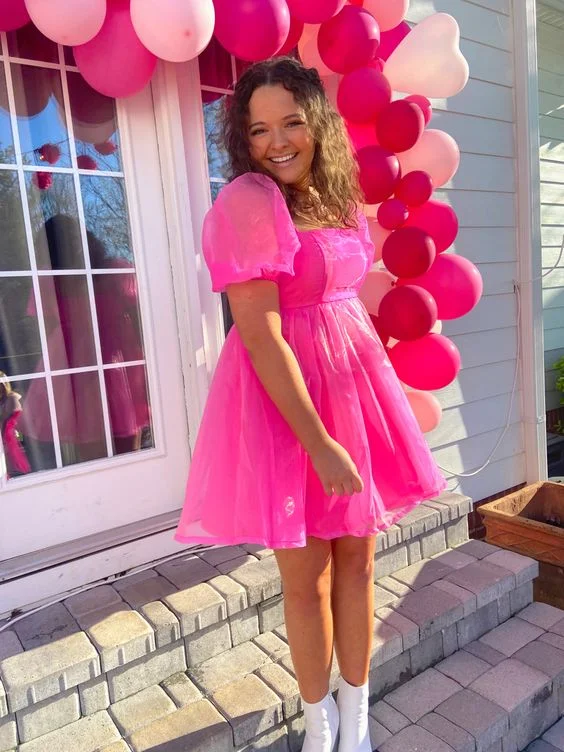 casual midi dressOrganza Pink Baby Doll Dress,Pink Birthday Dress,Pink Homecoming Dress  Y2060