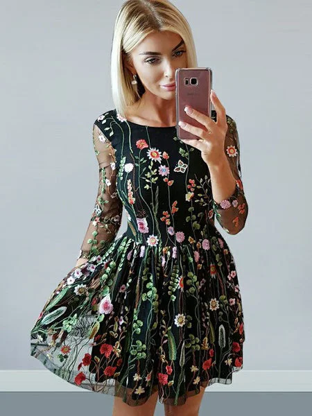 Holiday Sale Long Sleeve Homecoming Dresses Little Black Dress Short Prom Dress Lace Party Dress JK750
