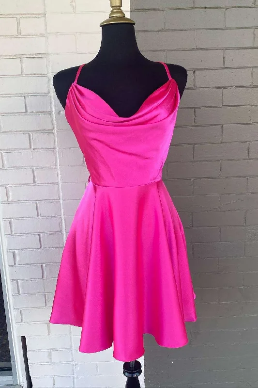 Special Discount bohemian dressNeon Pink Cowl Neck A-Line Homecoming Dress Y286