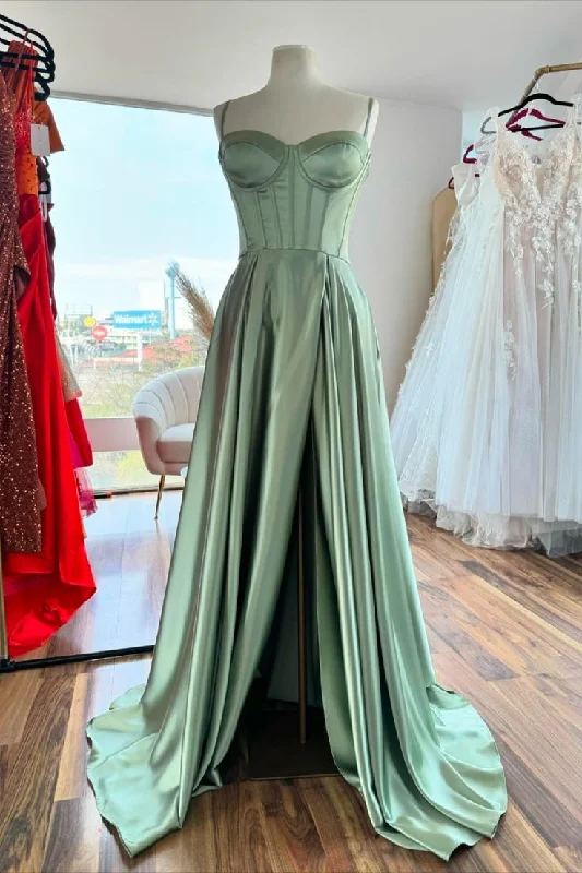 Best Deals cocktail dressSage Green Corset A-line Satin Long Formal Dress