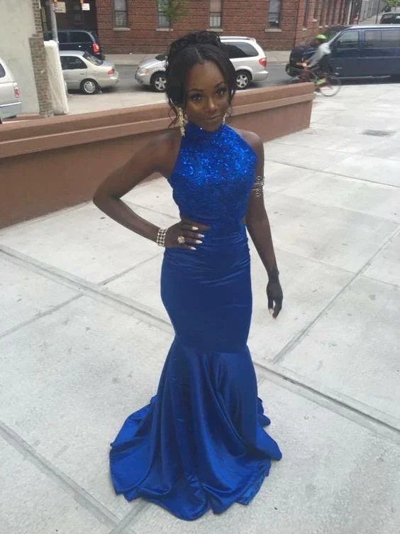 Discount Days spaghetti strap dressCharming Sheath Royal Blue Satin Backless Slim Fitted Appliques Prom Dresses Y1269