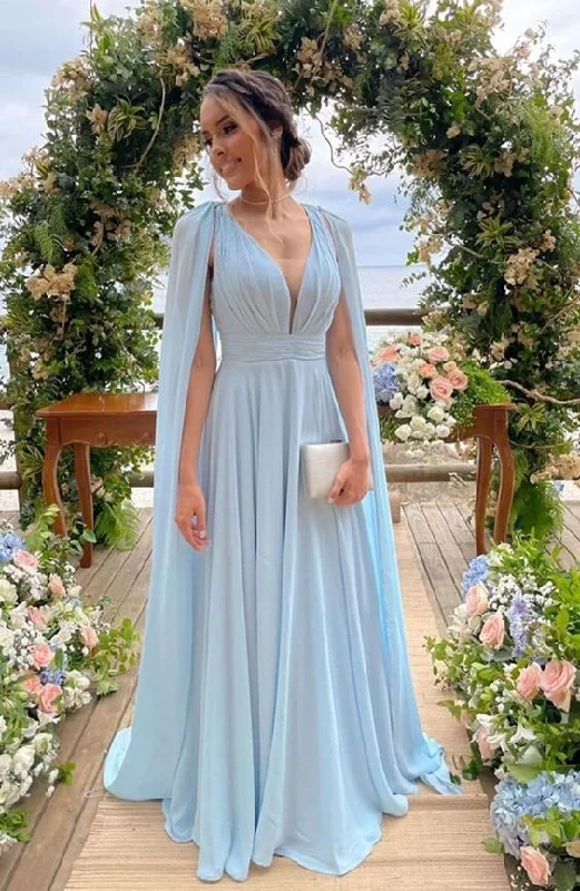 Limited Availability wrap dressSimple Sky Blue A-line V-neck Chiffon Long Bridesmaid Dresses,Elegant Prom Dress Y1069