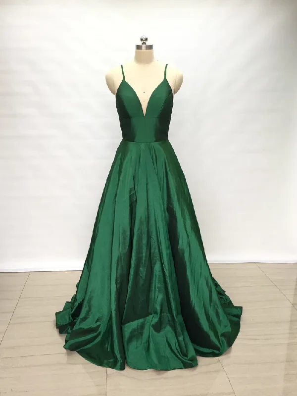 layered dressSpaghetti Straps Emerald Green Taffeta Long Prom Dress Y1582