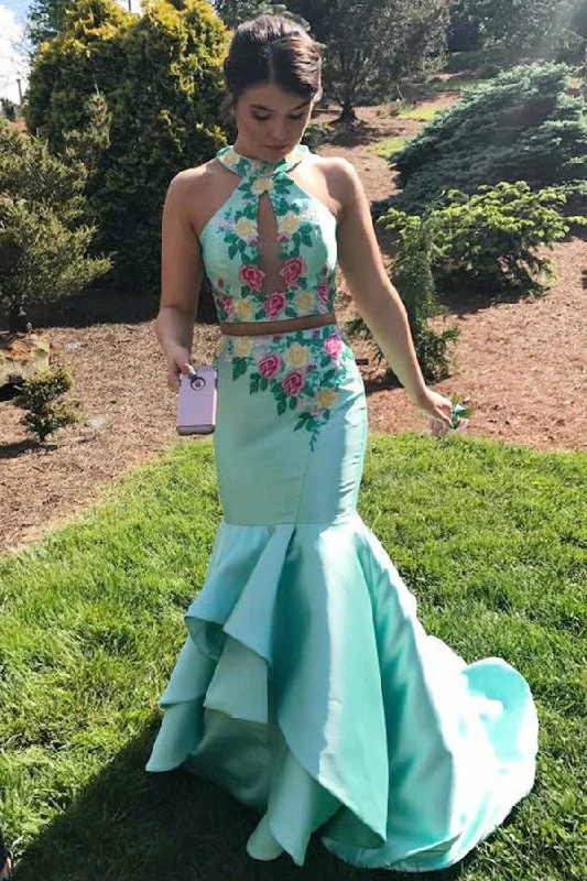 Major Savings Two Piece Jewel Sweep Train Blue Satin Open Back Prom Dress with Appliques Ruffles JKR326