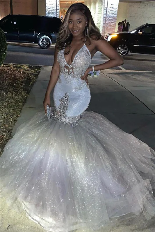 Price Drop Sexy Deep V-neck Tulle Mermaid Prom Dress Sequins Long With Spaghetti Straps