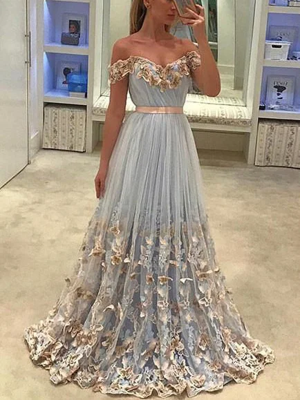 Markdown Madness Sexy Prom Dresses Off-the-shoulder Floor-length Appliques Long Prom Dress Evening Dress JKL457