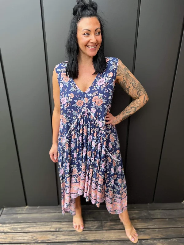 Today’s Deal lace-up dressSleeveless Dakota Navy Pink Sunflower (SALE)