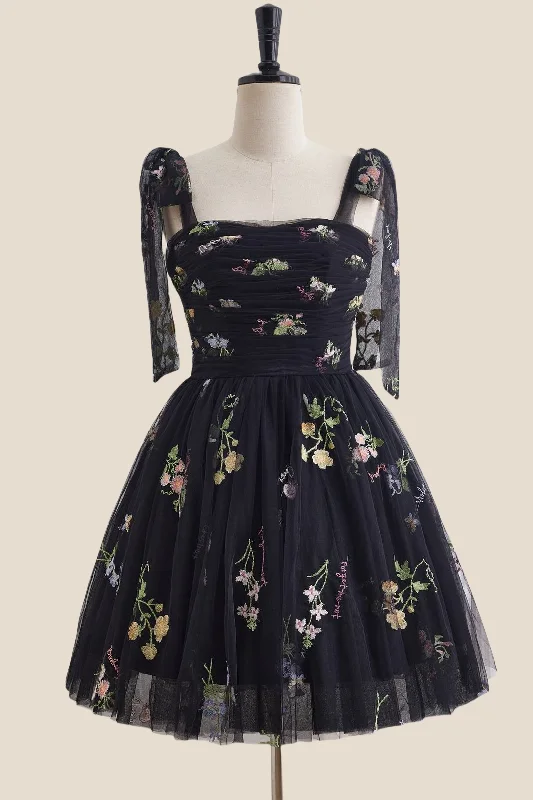Big Savings sophisticated dressStraps Black Floral Ruched Tulle Short Dress