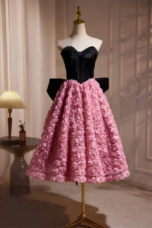 Blowout Sale casual evening dressSweetheart Black and Pink Floral Tea Length Dress Blowout Sale casual evening dressSweetheart Black and Pink Floral Tea Length Dress