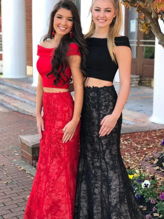 Markdowns Two Piece Prom Dresses Trumpet Mermaid Off-the-shoulder Lace Long Black Prom Dress JKL661