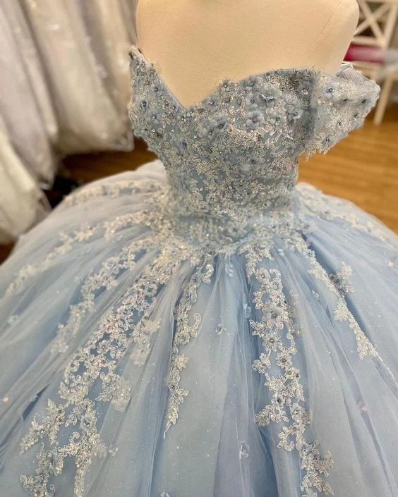 sleek dressOff The Shoulder Blue Lace Tulle Ball Gown,Blue Sweet 16 Dress,Princess Dress Y2061