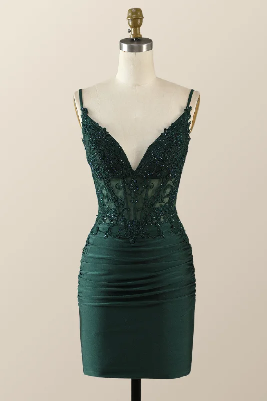 Limited Quantity office dressStraps Emerald Green Appliques Bodycon Mini Dress