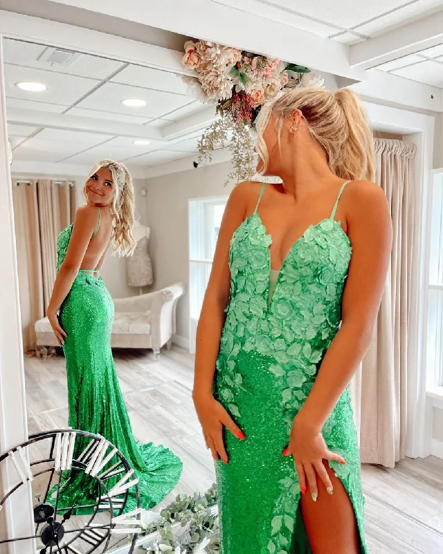 cocktail dressCharming Mermaid V Neck Green Sequins Long Prom Dresses with Appliques Y1692