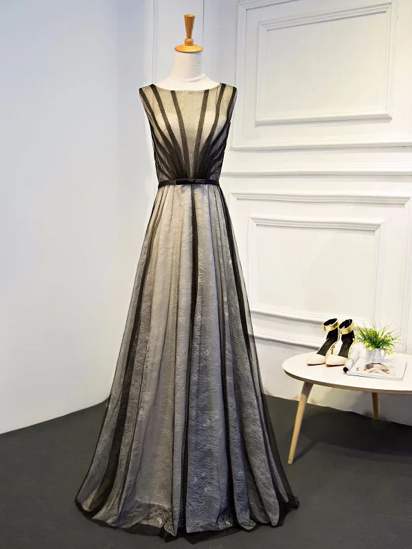 Online Only Black Prom Dresses A-line Floor-length Ivory Lace Prom Dress/Evening Dress JKL260