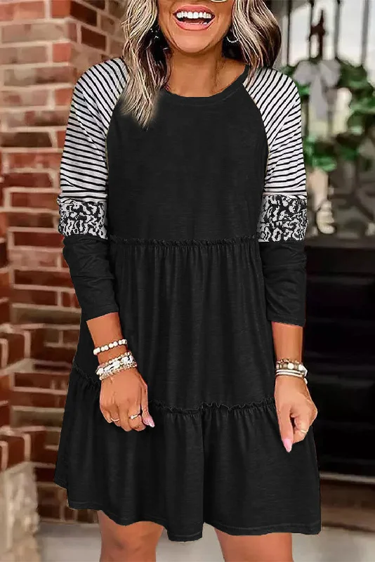 Midnight Madness Black Striped Leopard Patchwork Long Sleeve Mini Dress