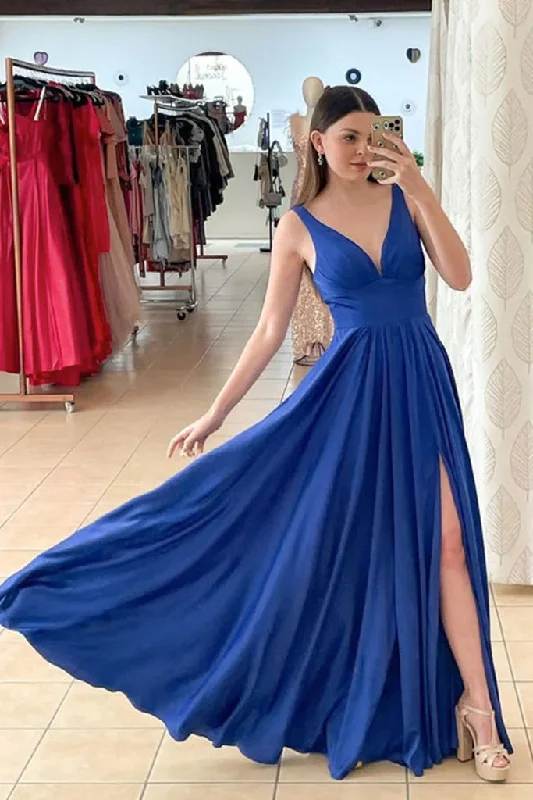 Weekend Deal pleated dressA Line V Neck Royal Blue Satin Long Prom Dress with High Slit, V Neck Royal Blue Formal Graduation Dress Y206 Weekend Deal pleated dressA Line V Neck Royal Blue Satin Long Prom Dress with High Slit, V Neck Royal Blue Formal Graduation Dress Y206
