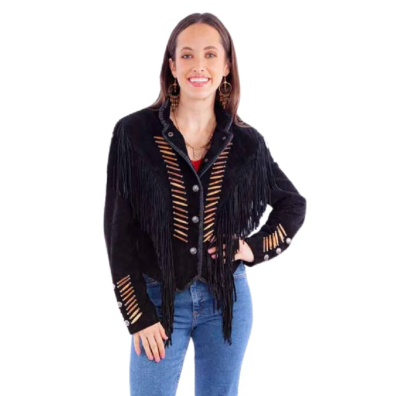 Discount Mania fitted trench coatWomen's Black Fringe Whip Stitch Jacket By Scully L1100-19