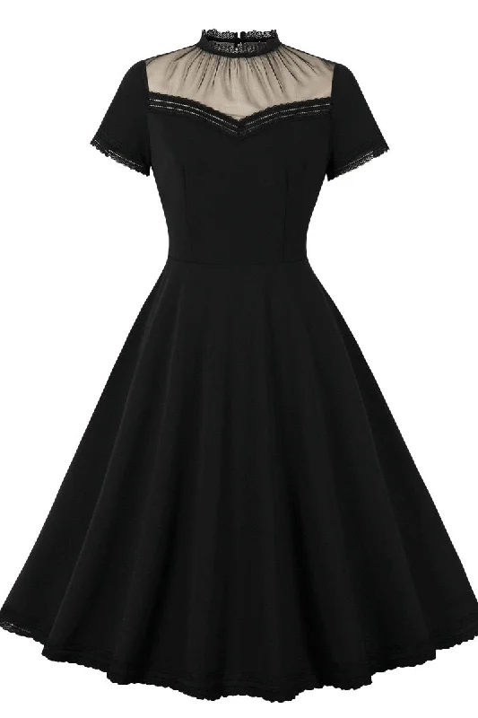 Must-Have Deals vintage-inspired dressSheer High Neck Black Swing Dress with Short Sleeves
