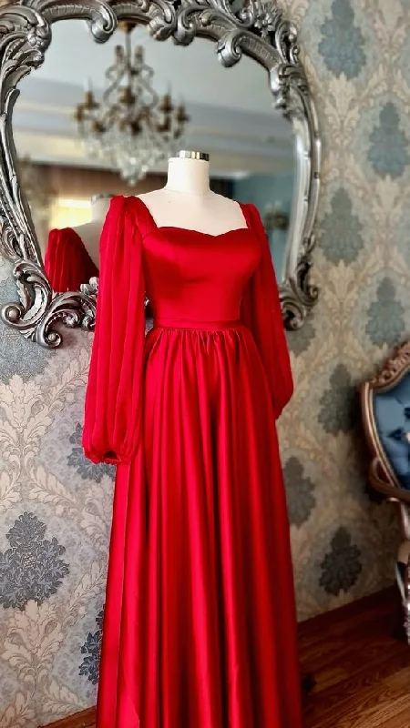 Year-End Sale evening dressCharming Red Satin Vintage Prom Dress,Red Long Sleeves Graduation Dress Y1186